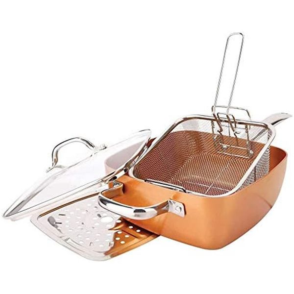 4-Piece Non-stick Copper Titanium Deep Fry &amp; Cooking Pan Set with Basket