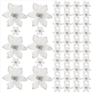 50 Pack Glitter Poinsettia Christmas Tree Ornaments Artificial Silk Flowers