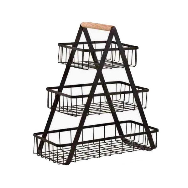 3-Levels Fruits &amp; Vegetable Storage Basket Rack With Wooden Handle - Black