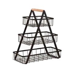 Compact 3-Level Open Wire Home Storage Rack With Wooden Handle - Black