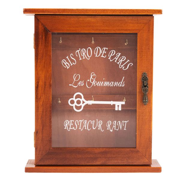 Wooden Key Storage Cabinet Holder Box with Hanging Hooks Brown