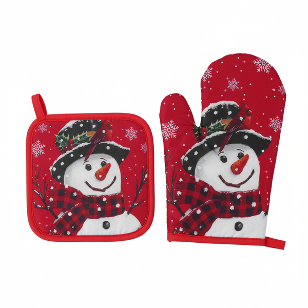 2 Piece Christmas Snowman Oven Mitt &amp; Pot Holder Set - Red