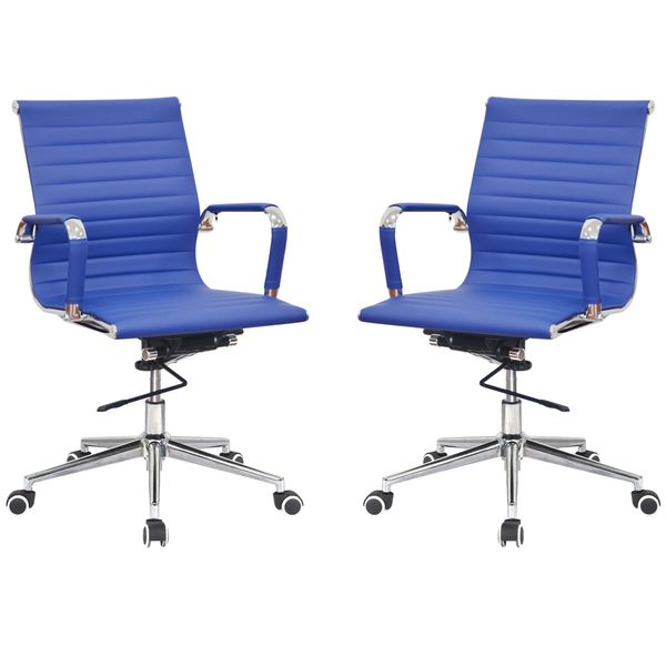 Ribbed PU Leather Medium Back Office Chairs-Set of 2 Per Box-Blue