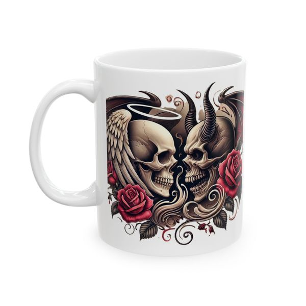 Skull Coffee Mug - Angel and Devil Skull Rose Design