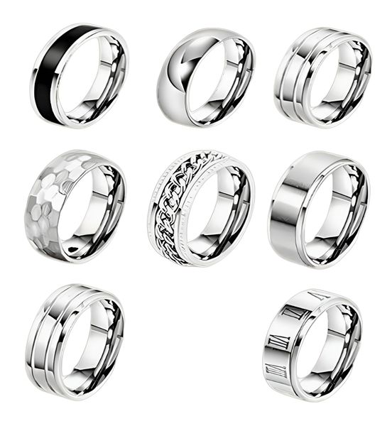 Mens Rings Stainless Steel Silver Colour 8 Rings With Unique Designs Size 9