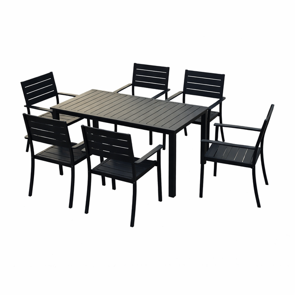 Outdoor Dining Set - Table + 6 Chairs - Black - 7 Piece Set