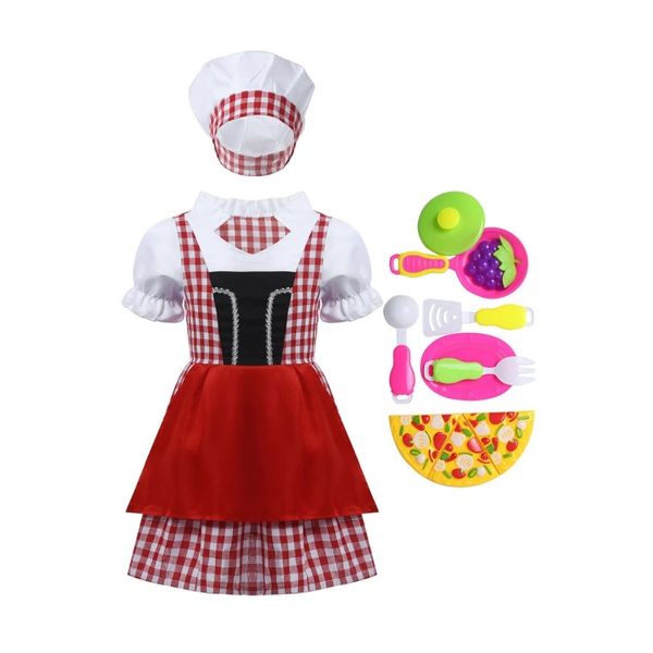 Girls Chef Outfits Plaid Tutu Dress Cook Hat with Baking Tools for Cosplay