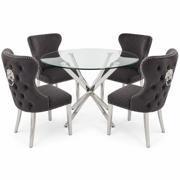 Nadia Glass Dining Table Set with 4 Quilted Velvet Chairs