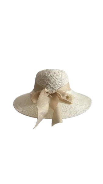 Ladies White Elegant Wide-Brim Straw Hat with Bow Accent