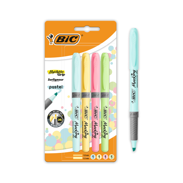 BIC Highlighter Grip Pens - Assorted Pastel Colours, Pack of 4
