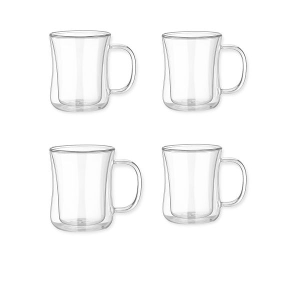 4 Piece Curved Glass Cup Drinking Mug Double Wall Glass Coffee Tea Mug - 350ml