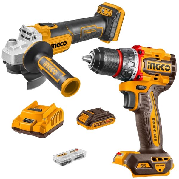 Ingco - Cordless Drill (55NM) &amp; Grinder with 2.0Ah Battery and Charger