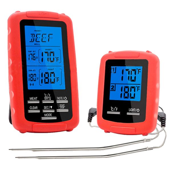 Wireless LCD Digital Kitchen BBQ Thermometer with Dual Probe - Red
