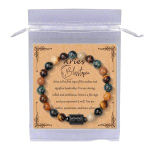 Blisstopia 12 Constellation Zodiac Bracelet With Card and Bag-Tigers Eye and Jasper