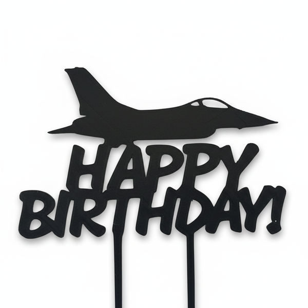 Jet Fighter Happy Birthday Cake Topper - Black - Aviation Theme