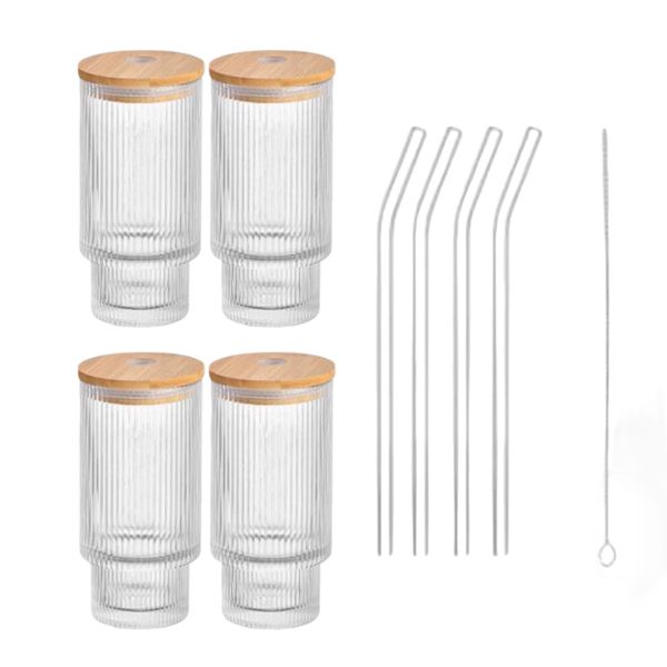 16oz Ribbed Glass Cups with Straws &amp; Bamboo Lids Ribbed Glassware Set of4