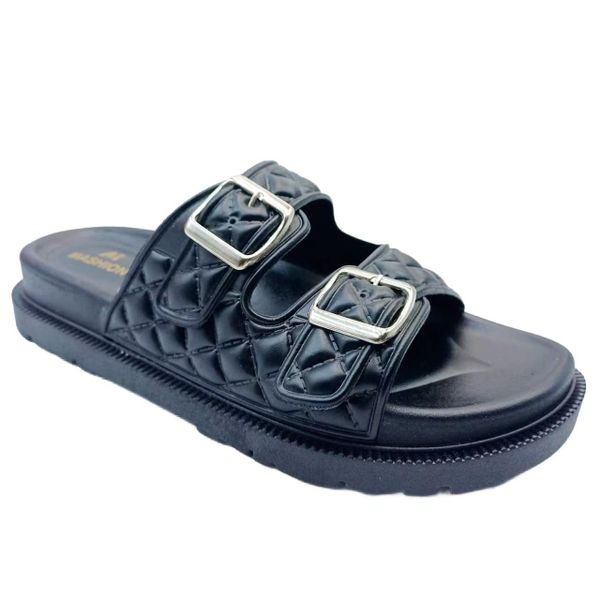 Ladies Chic Quilted Buckle Platform Slides-314-3