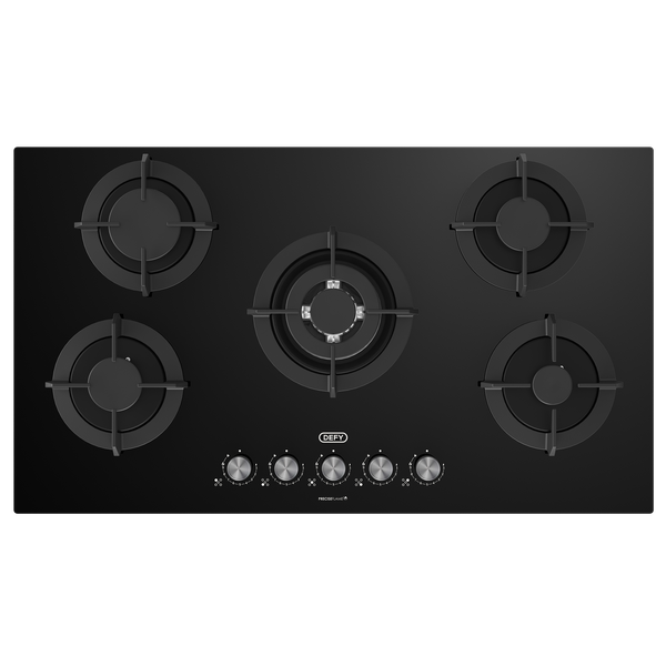 Defy 90cm Gemini Gas Hob w/ Twin Flame Wok DHG905 - Black Glass