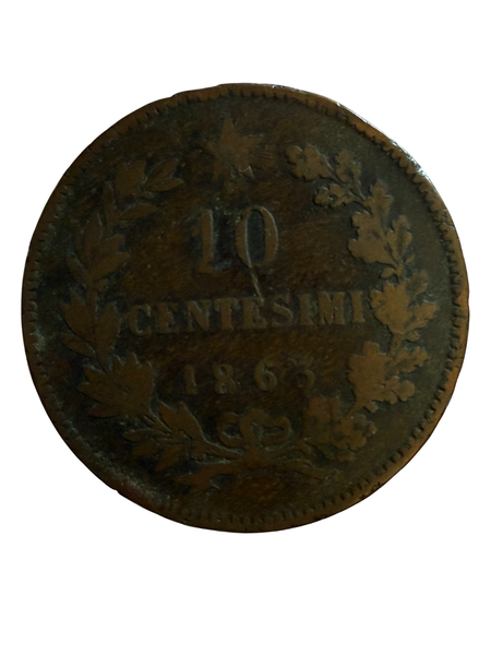 1863 Italy 10 Centesmi Coin