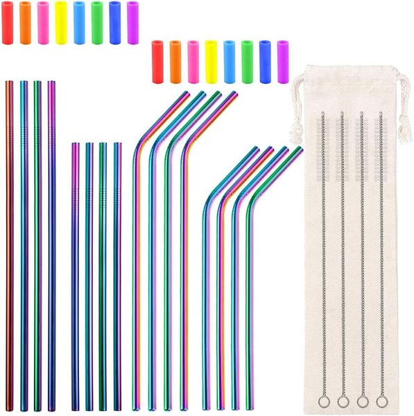 Metal Straws, Reusable Stainless Steel Straws with Silicone Tips, Rainbow