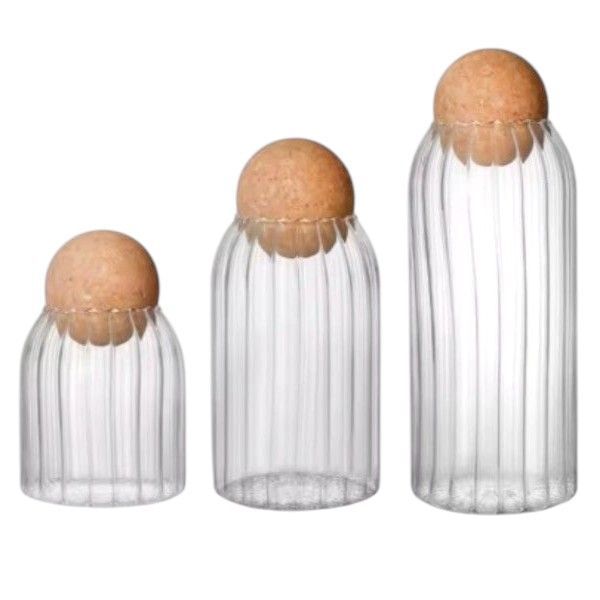 3-Pack Glass Storage Jar Set with Natural Cork Ball Lids - Transparent