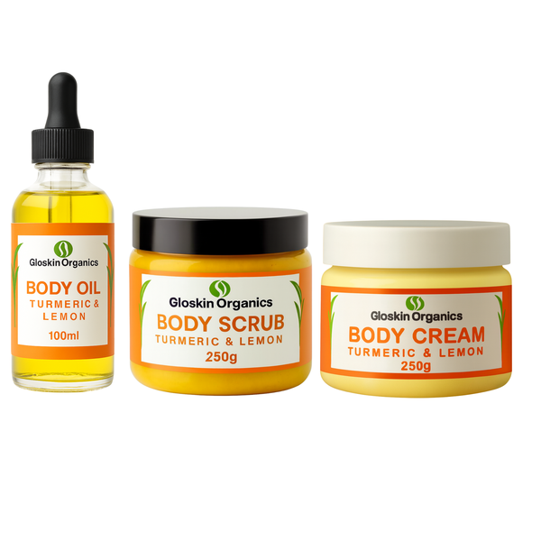 Gloskin Organics Turmeric &amp; Lemon Skincare Set - Body Oil, Cream &amp; Scrub