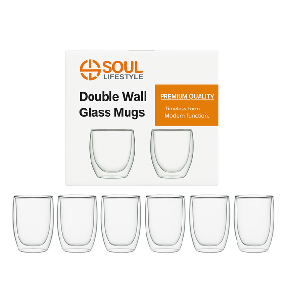 Soul Lifestyle Double-Wall Thermal Borosilicate Glass Mugs 350ml - Set of 6