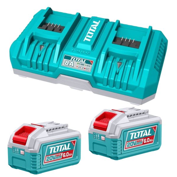 Total Tools - Dual 8Ah Fast Charger (4Ah +4Ah) with 2 x 6.0Ah Batteries