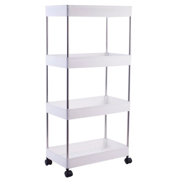4-Tier Storage Layer Rack Shelf With Wheels For Kitchen &amp; Bathroom - White