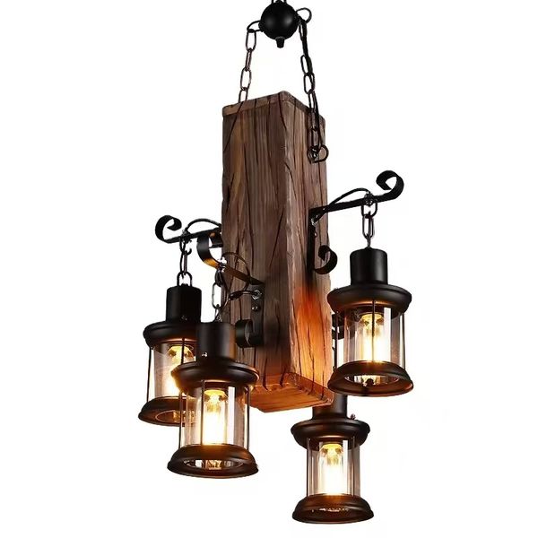 4-Lights Rustic Wooden Beam Chandelier with Vintage Lantern Lights-MRUL