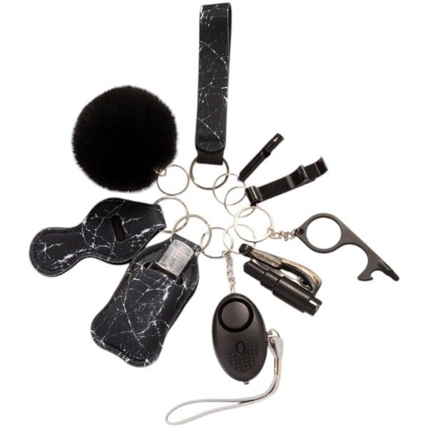8 Piece -All-Inclusive Safety Keychain With Safety Alarm &amp; LED Light- Black