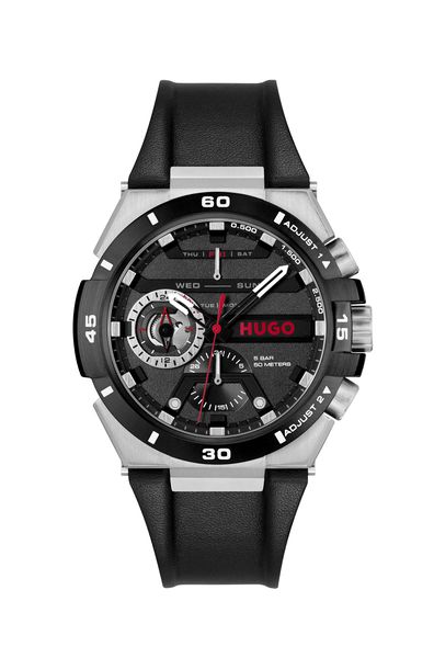 Hugo Watch Men's #WILD 46mm Black Dial, Black Leather Strap, Multifunction