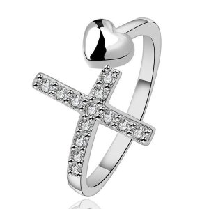 Adjustable Silver Designer Cross heart Ring