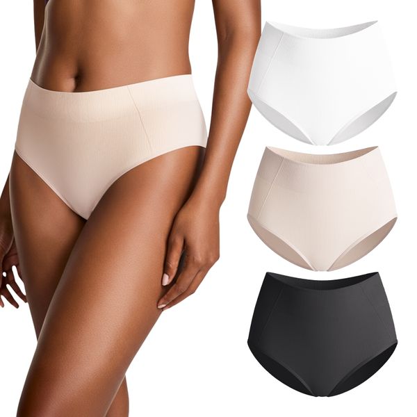 Lekkon Women Underwear High-Waist Brief Lady Panties Seamfree Ribbed 3 Pack