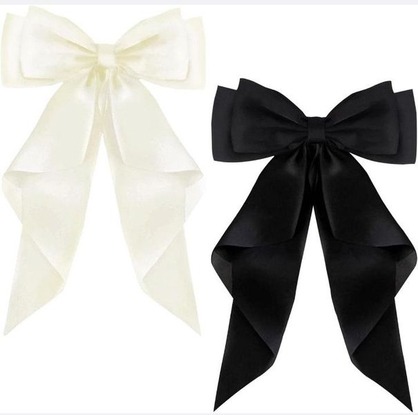 2pcs Large Black and White Satin Bow Hair Clips