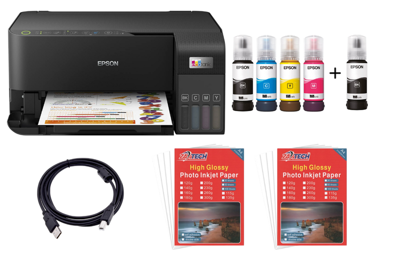 Epson L3550 EcoTank 3-in-1 Wi-Fi Printer + 2 ZATECH Glossy Sheets &amp; Cable