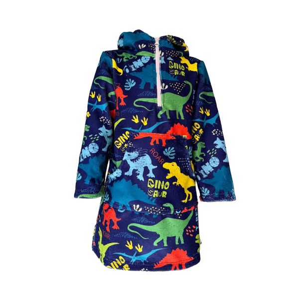 Kids Hooded Beach Towel, Front Zip, Long Sleeves Dinosaurs