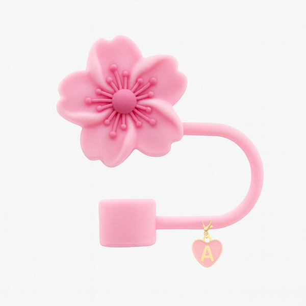 Flower Straw Stopper with Gold Alphabet Heart Charm - Pink