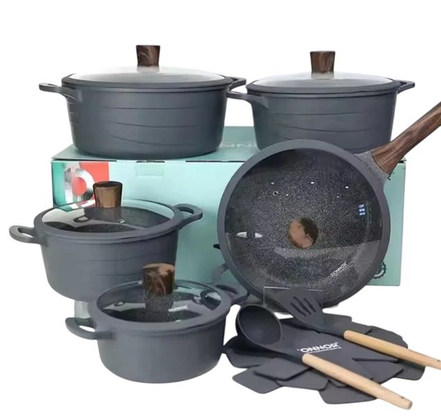 Wave Non Stick Cookware Set-15 Pieces-Grey