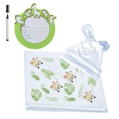 Swaddle - Beanie &amp; Birth Announcement Sign - White with Safari Prints