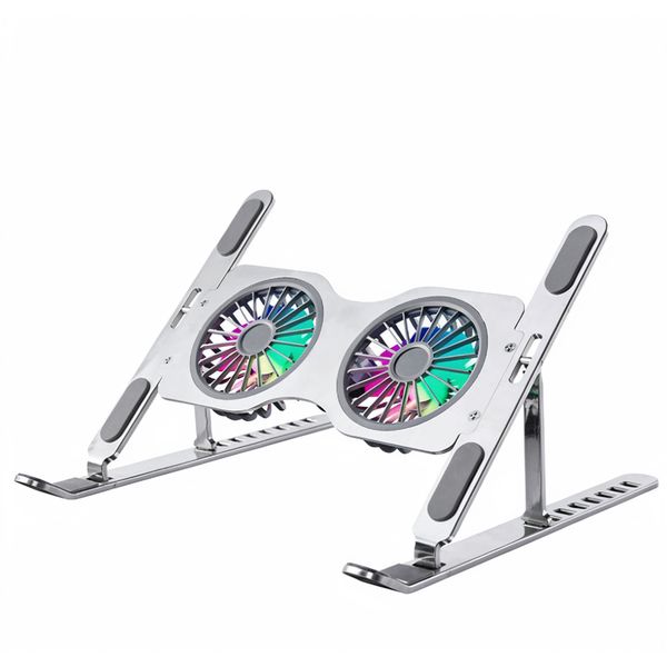 Silver Metal Laptop Cooler Stand With Colorful RGB Cooling Fans