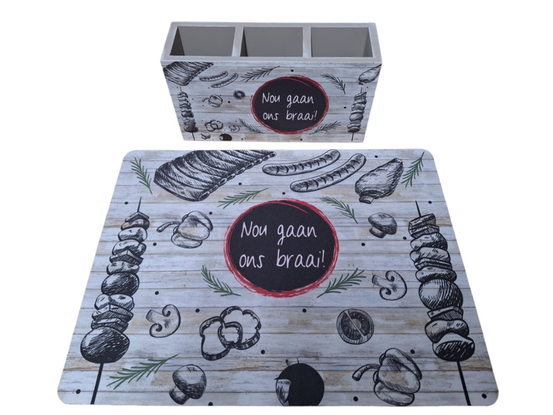 Cutlery Holder &amp; Hot Pot Stand Combo - Meat, Veggies &amp; Braai Quote