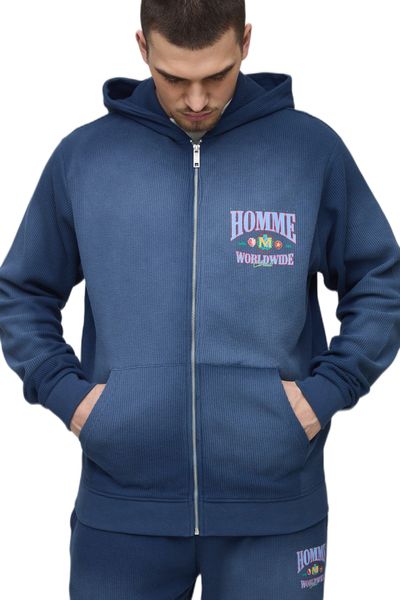 boohooMAN - Men's Tall Fit Spray Wash Waffle Graphic Zip Up Hoodie - Navy