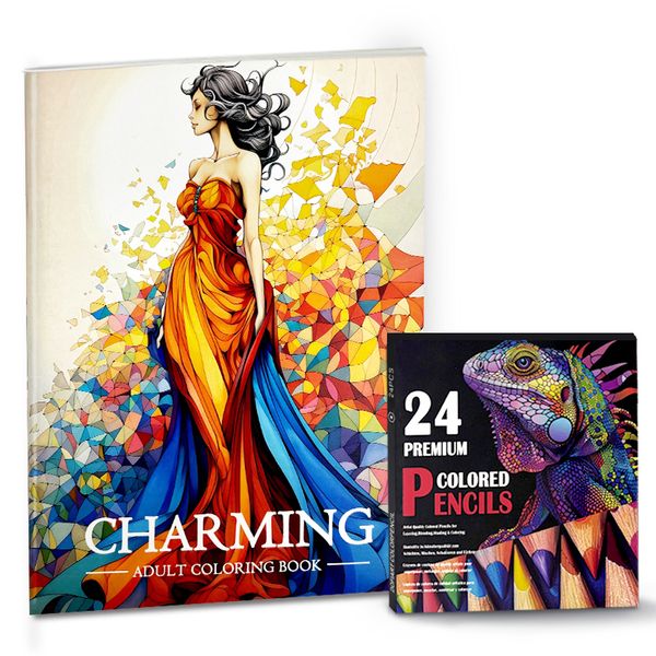Charming Adult Colouring Book Set with 24 Premium Coloured Pencils