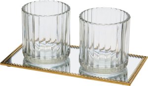 Round Glass Tealight Holder on Gold Mirror Tray 21x10x11cm - 2-Piece