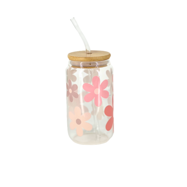 Polka flowerPrint Drinking Glass Cup with Bamboo Lid - Glass Straw &amp; Brush