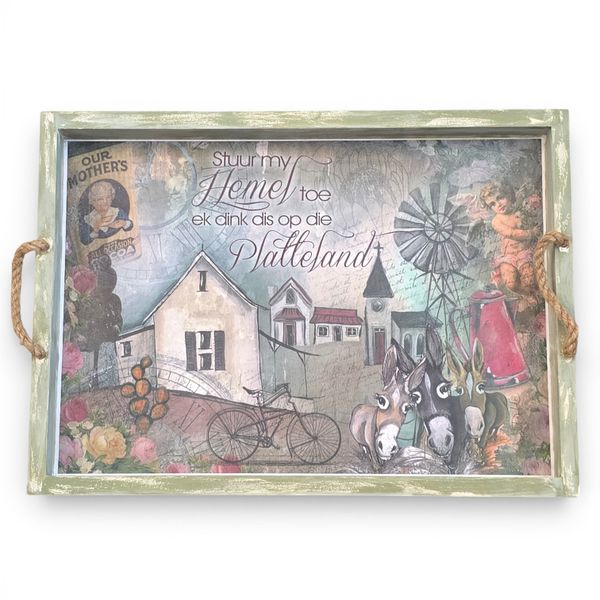 Rustic Wooden Serving Tray with Rope Handles - Countryside Nostalgia Design