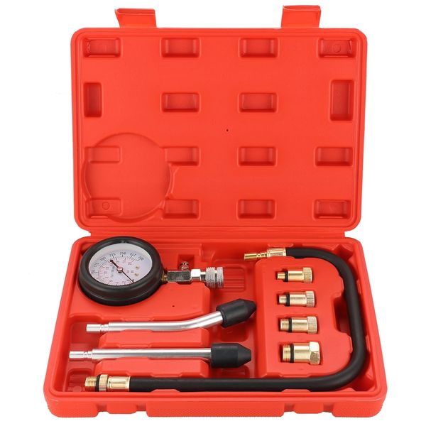 8 Piece Compression Tester Kit Petrol Gas Engine Cylinder Pressure Gauge