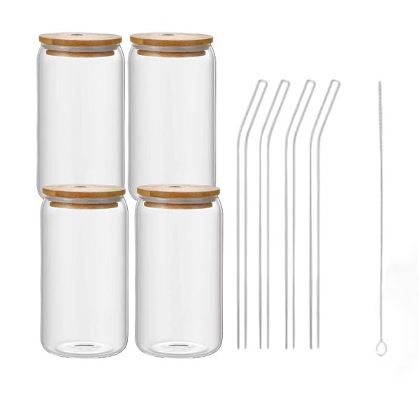 4 Pieces Beer Can Shaped Drinking Glass with Bamboo Lids &amp; Glass Straw Set 20oz