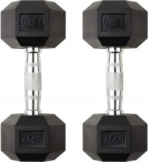 Shen Commercial Rubber Hexagonal Dumbbells 7.5kg with Chrome Handles